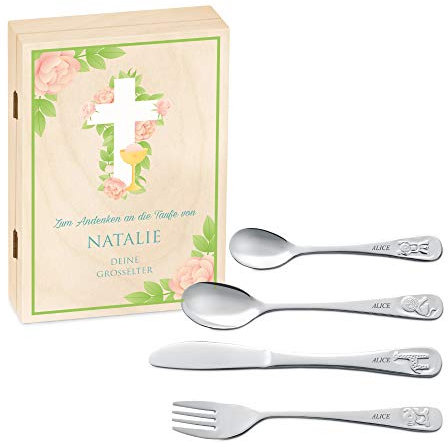 Maverton Kinderbesteck Set mit Gravur + Holzbox mit Aufdruck - mit Tieren - aus Edelstahl - Weihnachtsgeschenke - Braun - Geschenk für Mädchen zum Geburtstag zur Taufe Geburt - Kreuz