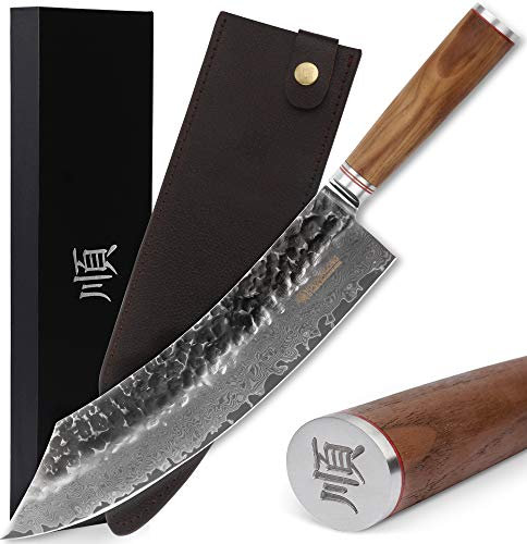 YOUSUNLONG Cuchillo de bloque de acero de Damasco japonés de 12 '' con alto contenido de carbono Mango de nogal con funda de cuero