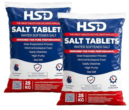 HSD 25 kg Salt Tablets, water softener tablets 25kg, Food Grade, Compatible to All Water Softener Machines, salt tablet water softener, 100% Genuine British Salt Tablet (2 Bags, 25 KG)