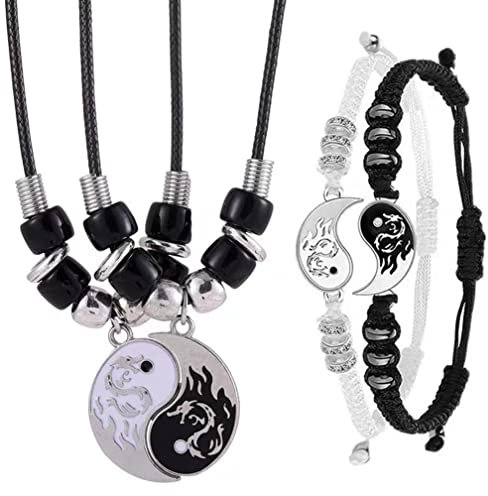 Guoguonb 2PCS Yin Yang Halskette und 2PCS Armbänder Taichi BFF Kette Freundschaftsketten Ying Yang Anhänger Kette Drachen Schnitzen Schmuck Ketten für Beste Freunde Couple und Liebhaber Geschenke