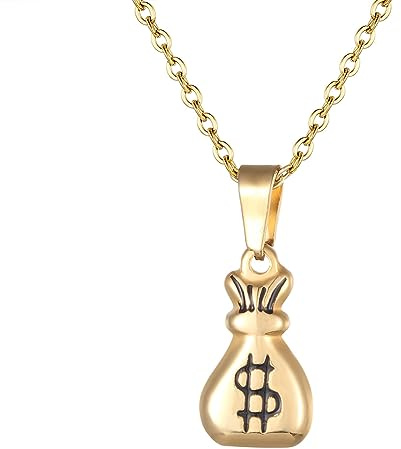 JczR.Y Dollar Sign Necklace Gold Money Bag Necklace for Women Men Stainless Steel Money Necklace Pendant Fashion Good Lucky Get Rich Neck Chain Jewelry Gifts, Stainless Steel, No Gemstone