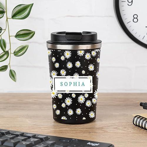 Wanapix | Termo Cafe Personalizado 350 ml | Personalizado con Nombre | Vaso Térmicos de Doble Capa | Taza para Llevar | Acero Inoxidable | Libre de BPA | Daisy