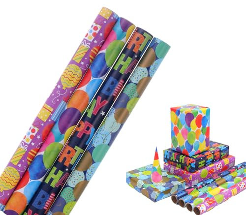 HBell Birthday Wrapping Paper Rolls, 4 Rolls Happy Birthday Wrapping Paper, Colourful Gift Wrapping Paper 43cm x 3M, Suitable for Baby Shower, Party, Festive Decorations