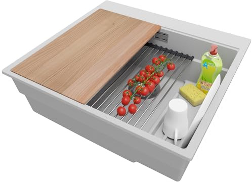 PRIMAGRAN Spülbecken ab 60er Unterschrank + Ablauf-Set, 58x53cm | Set: Ablauf-Set (Siphon, Ablaufgarnitur, Überlauf) + Granitspüle 1 Becken - Oslo Max Step, Grau