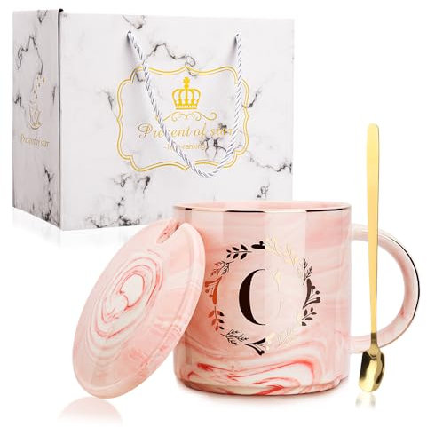 WALLFID Personalized Initials Coffee Mug Set, 12 Oz Ceramic Coffee Cup with Lid and Spoon, Perfect for Mum, Birthday and Friendship Gifts in Pink