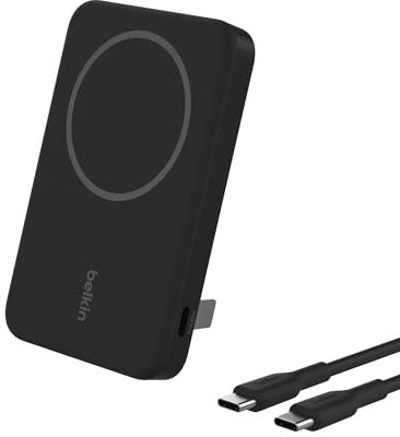 Belkin BoostCharge Pro Batterie Externe Magnétique sans Fil 5000mAh avec Qi2, Chargeur Portable Compatible MagSafe, Support intégré, Batterie Portable pour iPhone 16, iPhone 15, 14, 13, etc., Noire