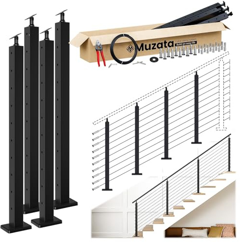 Muzata Ensemble complet de poteaux de câble d'escalier de 91,4 cm pour escalier de 25 ° à 35 °, comprend 3 poteaux de balustrade noirs PS01, câble métallique de 61 m, système de garde-corps sans