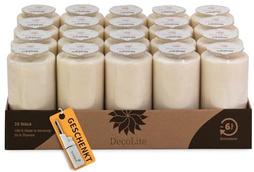 DecoLite 20 x Grabkerze 6 Tage rot/weiß – Friedhofskerze ohne Deckel & Etikett, 13,6x6,8cm, 30% Pflanzenöl, bleifreier Docht, ruhige Flamme, umweltfreundlich (weiss)