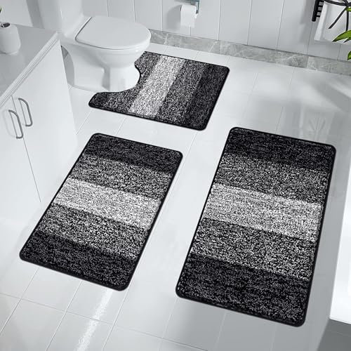 Enyhom Badezimmerteppich Set 3 Teilig Waschbar rutschfeste Badematte Toilettenmatte Weich Saugfähige Bad Teppiche Set Bettvorleger Mikrofaser Duschvorleger für Schlafzimmer Badezimmer, Schwarz