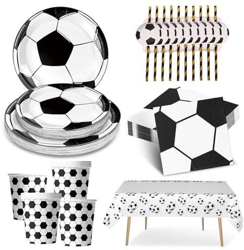 XINGNA 61 Stück Fußball Partygeschirr Set, Fussball Deko Geburtstag Kinder, Fußball Party Dekorationen, Fußball Deko Geburtstag mit Pappteller Becher Servietten Tischdecke Strohhalme, für 10 Gäste
