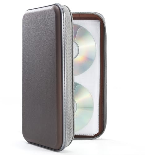 DVSICK Funda para DVD, capacidad para 96 unidades, de plástico, portátil, con cremallera, para almacenamiento de DVD, bolsa de almacenamiento de coche (café)