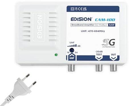 EDISION CAM-100 Amplificatore Antenna TV, Centrale Banda Larga, 1UHF, 18-34db Regolabile, 115dBmV, per Digitale Terrestre DVB-T/T2, con filtro 5G LTE, UHF 470-694Mhz