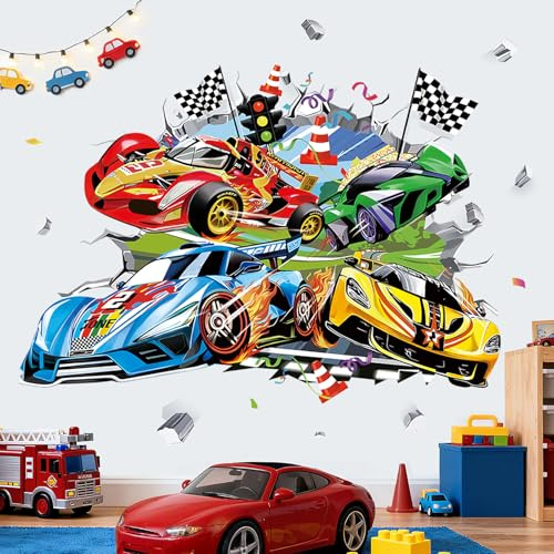 wondever Wandtattoo 3D Kinder Junge Rennauto Wandsticker Auto Rennwagen | Abziehen und Aufkleben, Abziehbar, Wandaufkleber Selbstklebend für Kinderzimmer Junge Babyzimmer Jungenzimmer Wanddeko