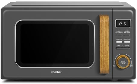 Vonshef Digital Microwave 23L - Compact Solo Microwave 900W, 11 Power Levels, 7 Auto Cook Menus & Defrost, 95-Minute Timer, Retro Grey & Wood Effect, Turntable System, Rotator Ring, Clock - Fika Range