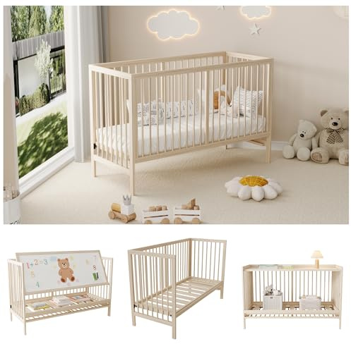 BTM Holz Babybett Höhenverstellbar Baby Cot Babybett Mitwachsend Beistellbett Staffelei Schreibtisch 60x120 (ohne Matratze)