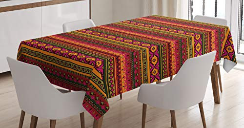 ABAKUHAUS aztekisch Tischdecke, Vintage Peruanische Motive, Druck mit Klaren Farben ohne Verblassen Waschbar für innen oder Außen Bereich, 140 x 200 cm, Rot Orange