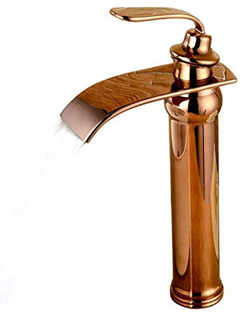 Tall Basin Mixer Tap Waterfall Bathroom Sink Taps Brass Rose Gold Waterfall Hot and Cold Bathroom Faucet Single Hole Above Counter Basin Mixing Faucet