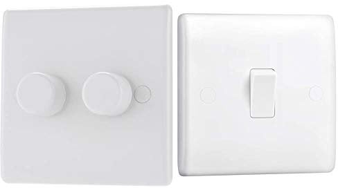 BG Electrical 882-01 Double Round Push Button Intelligent Dimmer Light Switch, White Moulded, Round Edge, 2-Way, 8.6 cm*4.5 cm*8.6 cm & 812-01 Single Light Switch, White Moulded, 2-Way, 16AX