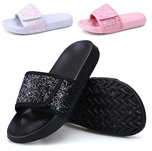 ydscsci Girls Slide Sandals Glitter Sequins Pool Sliders Kids Shower Slippers Beach Flip Flops Hook and Loop Non-slip Thick sole Little Kid