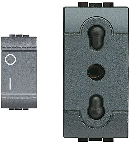 BTicino Sl4002Nf Livinglight Interruttore Bipolare Illuminato N, Antracite & Sl4180F Presa 2P+T 10/16A Bipasso Serie Living International, Antracite