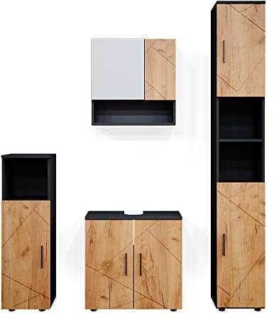 Vicco Badmöbel-Set Irma, Badezimmerschrank-Set, Anthrazit/Eiche, 4 Teile, mit Hochschrank