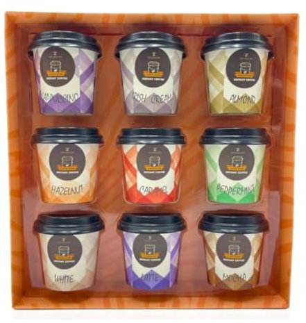 Travel Coffee Takeout Cups Gift Sets For Coffee Lovers - 9 Flavoured Mini Instant Coffee Collection - Cappuccino, Vanilla, Latte, Hazelnut, Original, Mocha, Irish Cream