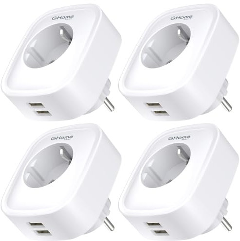 GHome Smart Steckdose mit USB, 16A 4er Pack misst den Stromverbrauch, WLAN mit Fernsteuerung, Sprachsteuerung und Zeitschaltuhr, Funktionieren mit Alexa, Google Home
