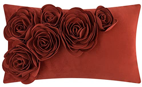 JWH Weihnachts-Kissenbezüge, Rosenblumen-Akzent-Kissenbezüge, dekorativer Kissenbezug für Sofa, Samt, ästhetisch, Bauernhaus, Süßes Zuhause, Sofa, Couch, Dekoration, 30.5 x 50.8 cm, rostfarben