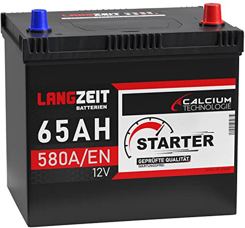 LANGZEIT ASIA Autobatterie 12v 65Ah 580A/EN ASIA Batterie Plus-Pol Rechts 30% mehr Startleistung ersetzt 60Ah 62Ah 63Ah 64Ah