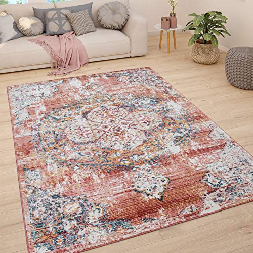 Paco Home Teppich Wohnzimmer Kurzflor Schlafzimmer Moderne Vintage Orient Ornament Muster Pastell Bordüre, Grösse:200 cm Rund, Farbe:Rot