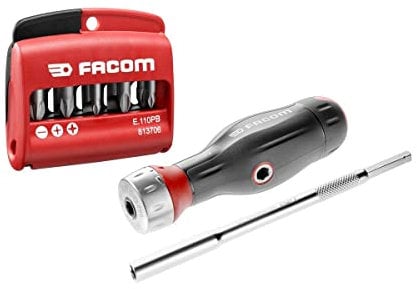 FACOM Composition de Tournevis 3 en 1 Protwist et Jeu Mixte de 10 Embouts - Manche Ergonomique Bi-Matière - Cliquet 45 Dents de Grande Qualité - ATCL.2A3PB
