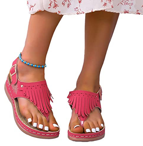 ticticlily Sandales Femmes Été Plateforme Tongs Chaussures Compensées Rétro à Plats Claquettes Nu Pieds Semelle Confortable Bout Ouvert pour Filles Plage B Rouge 43 EU