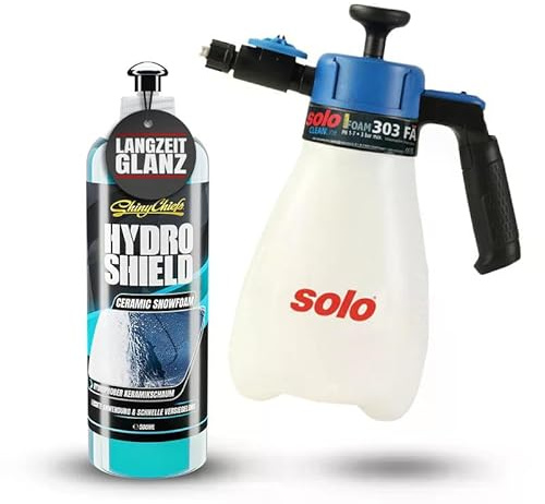 ShinyChiefs SOLO Schaumsprüher 303 FA & CERAMIC SNOW FOAM 500ml | 1,25L Pumpflasche mit Flachstrahldüse für optimalen Schaum - 3 Bar Drucksprüher mit Autoshampoo im Set für die Autowäsche