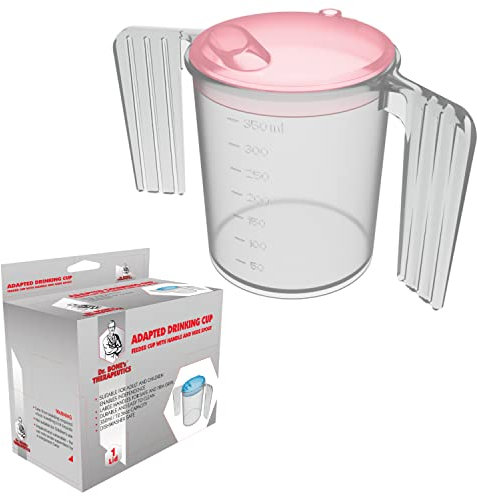 Dr. Bone's ® Two Handled Adapted Drinking Cup with Blue lid (Blue) Plastic Feeding Cup with Wide SPOUT Adult Feeder Beaker Disability Drinking AIDS Feeder Cup with Handle - Pink Lid