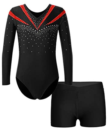 FEESHOW Mädchen Kinder Gymnastikanzug Ballett Gymnastikbody Turntrikot Gymnastikhose Shorts Sport Tanzoutfit Athletic Wettkampf Trainingsanzüge Rot 134-140/9-10 Jahre