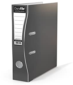 Durafile Aktenordner, grauer Aktenordner, ergonomischer gebogener Rücken, glänzende robuste Kartonkonstruktion mit Metallmechanismus, geeignet für A4-Dokumente, Aktenordner