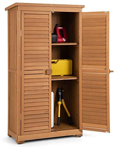 COSTWAY Garden Storage Shed, Wooden Waterproof Outdoor Tools Cabinet with Removable Shelves, Slope Asphalt Roof, Latch & Adjustable Footpads, Vertical Tool Organizer House, 87 x 47 x 160 cm