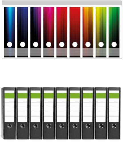 Wallario 9 Stück breite Ordner inkl. Klebeetiketten mit Motiv Bunte Regenbogenstreifen auf Schwarz - Set mit Rückenschildern/Ordnerrücken Stickern