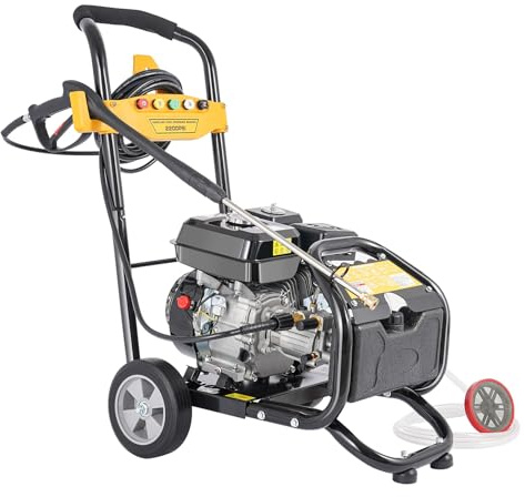 Benzin Hochdruckreiniger Trolley Typ Petrol Powered High Pressure Washer Car Washer Floor Washer für vielfältige Reinigungsaufgaben Mit Waschflüssigkeitstopf Weißer Schlauch 7.5HP