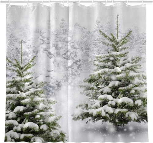 JOOCAR Rideau de douche arbre de Noël, forêt, pin, flocon de neige, scène naturelle, rideaux de douche pour salle de bain avec crochets 183 x 183 cm