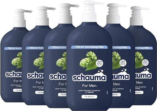 Schauma Schwarzkopf Shampoo For Men mit Hopfen, Kräftigendes Shampoo vom Ansatz an bis in die Spitzen, 6er Pack (6x 750 ml), vegane Formel, aus recyceltem Plastik