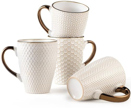 Gooditour Set di 4 tazze da caffè in ceramica, grandi tazze da caffè in gres porcellanato goffrato, con manico, per latte, tè, cappuccino, cacao, adatte al microonde, lavabili in lavastoviglie, set da