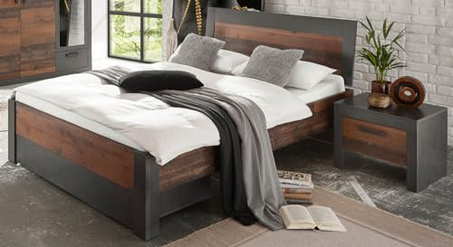 Bettanlage Bett 140 x 200 cm in Used Wood Shabby und grau Matera Schlafzimmer Set 2-teilig mit Einzelbett mit Bettschubkasten und Nachttisch im Shabby Chic Design Ward (Set 1 + Bettschubkasten)