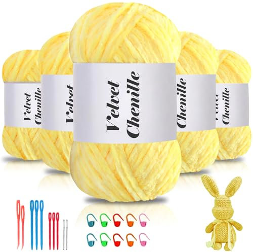 Maxee 500g(5×100g) Samtig Babywolle, Samt Chenille Garn mit Häkelwerkzeuge, Kuschelweich Velvet Chenillegarn Flauschige, Weich Plüschwolle Häkelgarn Wolle zum Stricken & Häkeln