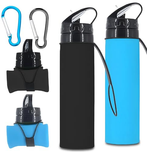 Lot de 2 gourdes pliables de 600 ml avec 2 mousquetons, en silicone, réutilisables, anti-fuite, sans BPA, pour la course, la randonnée, le sport, le fitness, l'extérieur