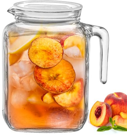 Hermetic Seal Glass Pitcher with Airtight Lid & Spout - 68oz Water Carafe for Homemade Juice, Iced Tea, Milk, Cold Brew Coffee, Lemonade - Fridge Door Jug Bottle with Handle, Clear Beverage Serveware