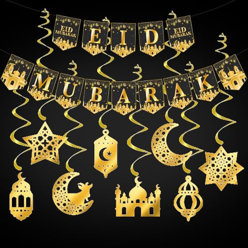 Eid Deko Set, Eid Mubarak Banner Gold Stern Mond Ramadan Dekorationen, EID Mubarak Deko für Eid Festival Party Dekoration, Ramadan Kareem Dekoration