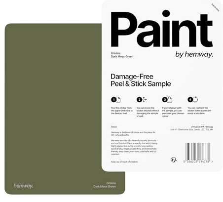 Hemway - Peel & Stick Sample for Our Chalk Based Furniture Matt Paint - Dark Moss Green | A5 Damage-Free, Accurate Colour Swatch | Test Our Chalky Matt Shabby Chic Finishes for Interior Decor