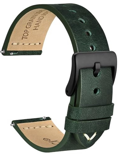 WOCCI 22mm Antikes Uhrenarmband für Herren, Sattelleder, Schwarze Schnalle (Armeegrün)