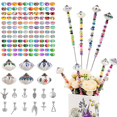 Prefdo Decorative Garden Stakes DIY Fairy Wand Beaded Garden Plant Stakes Kit with Ceramic Stopper Tops Silver Pendant Threaded Rod,100 Colorful Beads for Indoor Outdoor Plant Flower Pot Décor